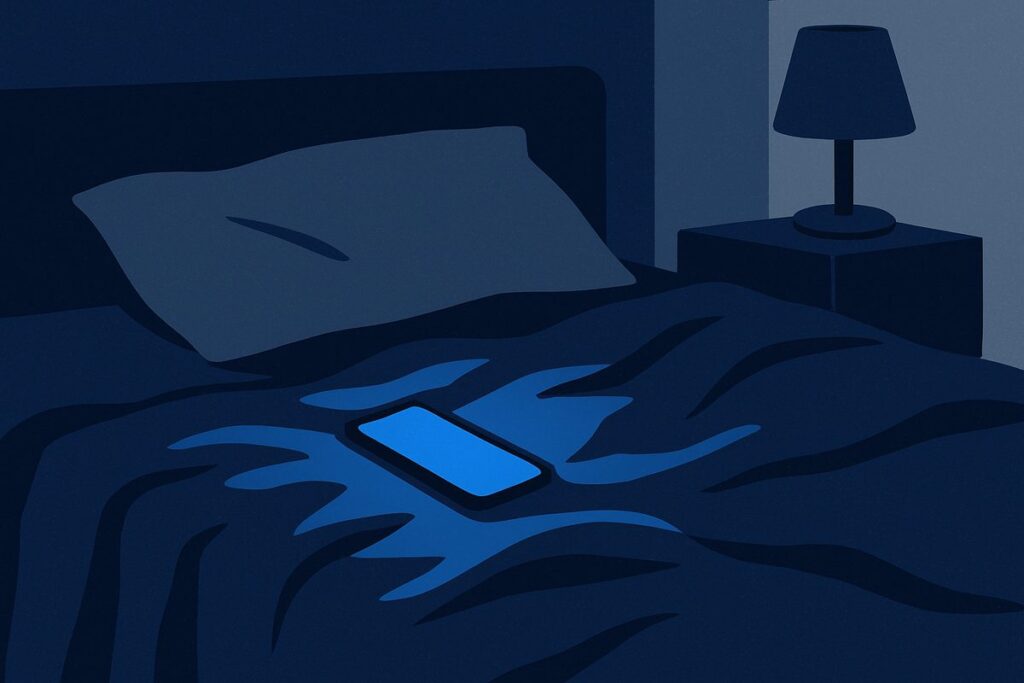 A phone on a rumpled bed in a dark room, the only light source