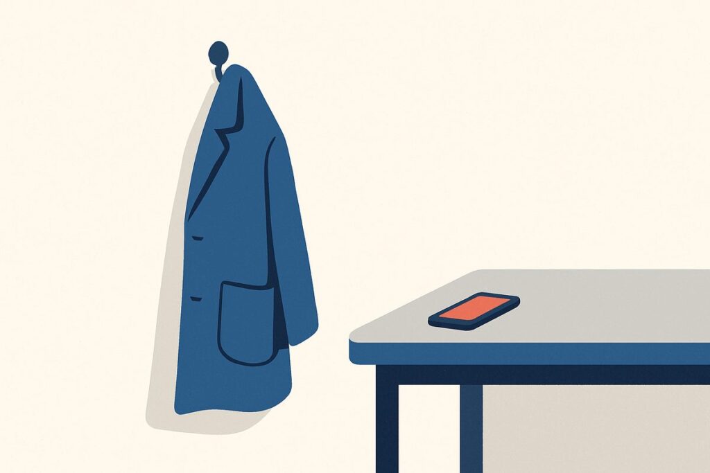 An empty coat pocket turned slightly outward, a phone on a table just out of reach