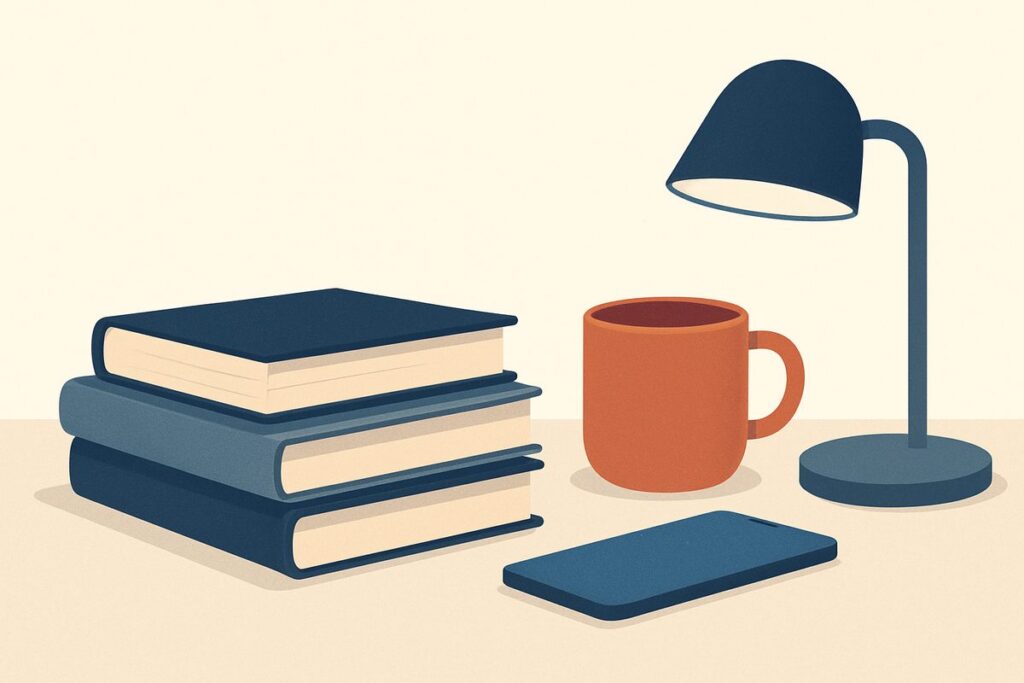 A stack of closed books beside a mug and a reading lamp on a desk